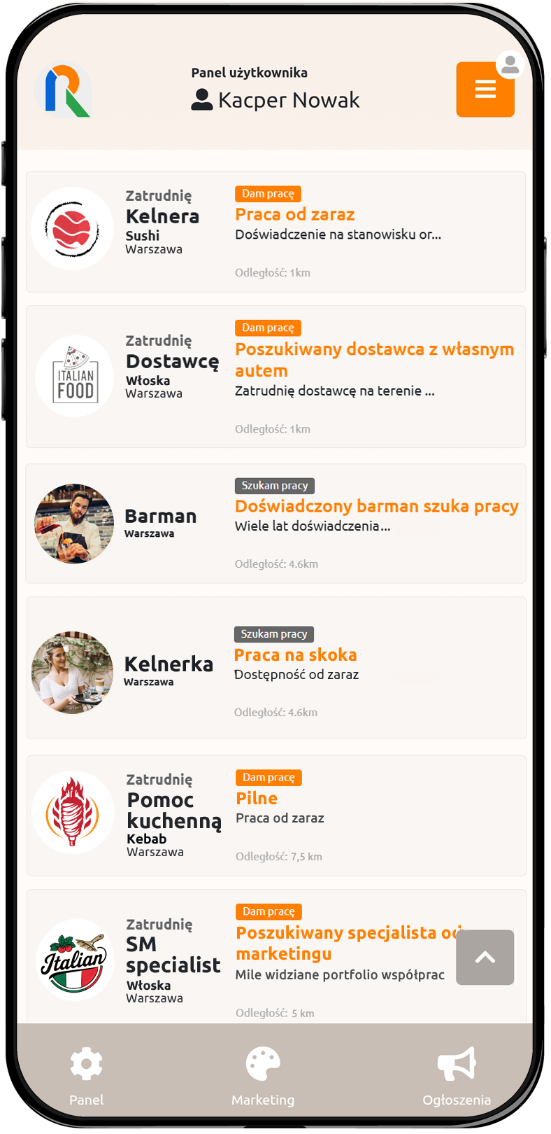 Rspot App - lista ogłoszeń praca w restauracji